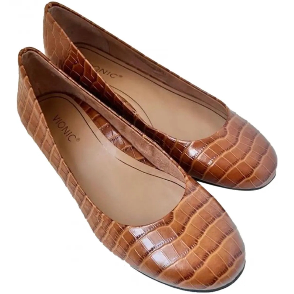 Vionic Brown Croc-Embossed Ballet Flats
